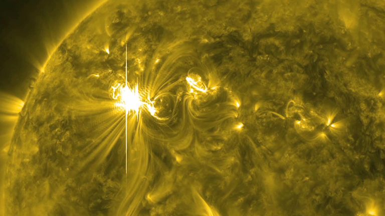 NASA / Solar Dynamics Observatory (SDO) document, an X5.4 solar flare, the largest in five years, erupted from the sun's surface on March 6, 2012. According to reports, particles from the eruption are believed to reach land in early March 7, possibly disrupting technologies such as the GPS system, satellite networks and airline flights.  (Photo by NASA / Solar Dynamics Observatory (SDO) via Getty Images)