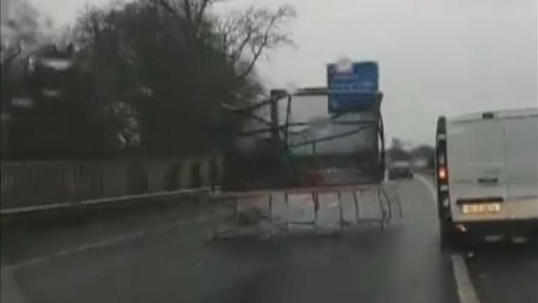 A trampoline ended up on a motorway as a result of the strong winds caused by Storm Brendan.