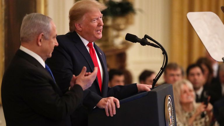 WASHINGTON, DC - JANUARY 28: U.S. President Donald Trump speaks during a press conference with Israeli Prime Minister Benjamin Netanyahu (L) in the East Room of the White House on January 28, 2020 in Washington, DC. President Trump is expected to release details of his administration&#39;s long-awaited Middle East peace plan to resolve the Israeli-Palestinian conflict. (Photo by Alex Wong/Getty Images)
