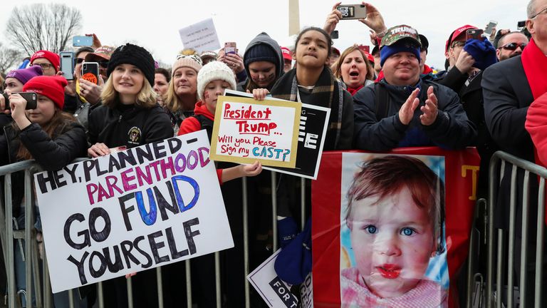 Anti-abortion protestors listen to U.S. President Donald Trump address thousands of anti-abortion activists at the 47th annual March for Life in Washington, U.S., January 24, 2020. REUTERS/Leah Millis
