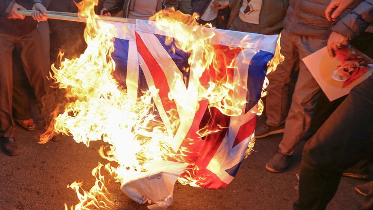 Union flag set on fire