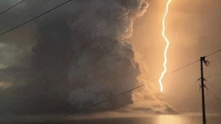 Lightning strike in the midst of Taal volcano explosion is seen in Lipa City, Philippines January 12, 2020 in this picture obtained from social media.  Credit: Cheslie Anda