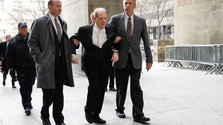 Harvey Weinstein was helped into the New York court