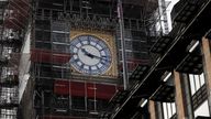 TOPSHOT - The face of the clock in the Elizabeth Tower, better known as Big, is pictured during restoration works at the Houses of Parliament in central London on December 16, 2019