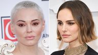 Rose McGowan attends the Q Awards 2019 at The Roundhouse on October 16, 2019 in London, England/ Natalie Portman at the 2020 Oscars