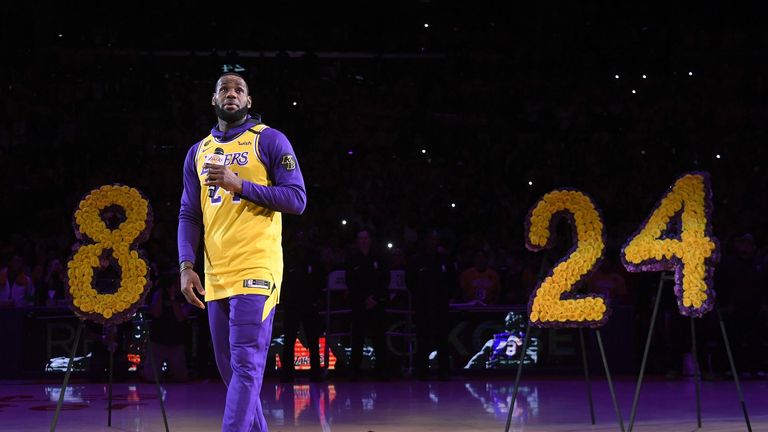 LOS ANGELES, CALIFORNIA - JANUARY 31: LeBron James speaks during the Los Angeles Lakers pregame ceremony to honor Kobe Bryant before the game against the Portland Trail Blazers at Staples Center on January 31, 2020 in Los Angeles, California. (Photo by Harry How/Getty Images)