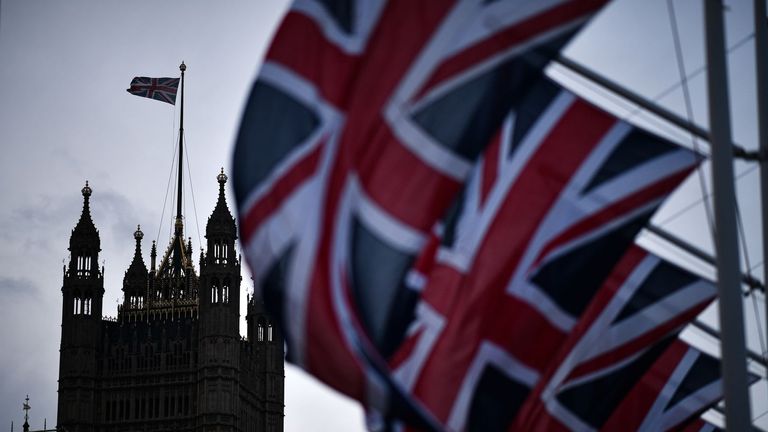 LONDON, ENGLAND - FEBRUARY 01: Union Jack flags hang in parliament square on February 1, 2020 in London, England. Last night Brexit supporters celebrated at 11.00pm as the UK and Northern Ireland exited the European Union, 188 weeks after the referendum on June 23rd, 2016.  (Photo by Jeff J Mitchell/Getty Images)