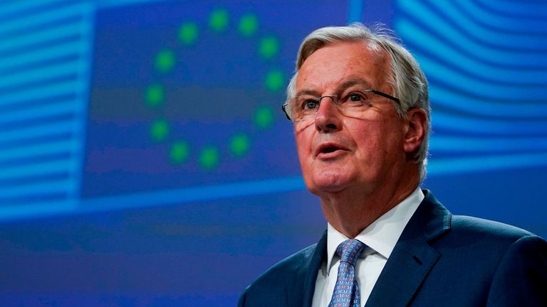EU Brexit negotiator Michel Barnier gives a press conference on negotiations with UK on on February 3, 2020. (Photo by Kenzo TRIBOUILLARD / AFP) (Photo by KENZO TRIBOUILLARD/AFP via Getty Images)