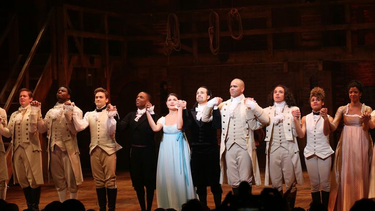 NEW YORK, NY - JULY 09:  Leslie Odom Jr., Phillipa Soo and Ariana DeBose with Lin-Manuel Miranda with the cast during their final performance curtain call of 'Hamilton' on Broadway at Richard Rodgers Theatre on July 9, 2016 in New York City.  (Photo by Walter McBride/WireImage)