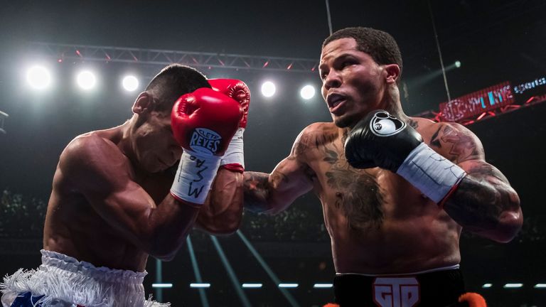 BALTIMORE, MD - JULY 27: Gervonta Davis punches Ricardo Nunez during the second round of their WBA super featherweight championship fight at Royal Farms Arena on July 27, 2019 in Baltimore, Maryland. (Photo by Scott Taetsch/Getty Images)