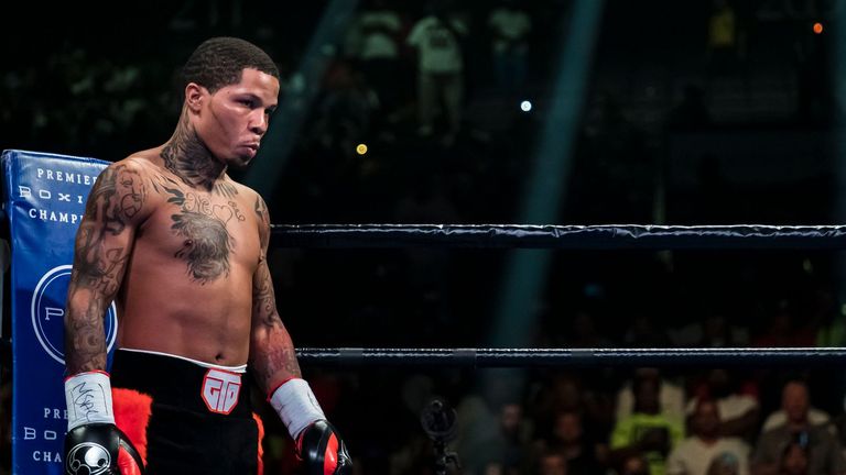 BALTIMORE, MD - JULY 27: Gervonta Davis looks across the ring before his WBA super featherweight championship fight against Ricardo Nunez at Royal Farms Arena on July 27, 2019 in Baltimore, Maryland. (Photo by Scott Taetsch/Getty Images)