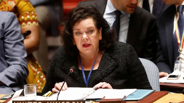 Karen Pierce, Britain&#39;s Ambassador to the United Nations, addresses the U.N. Security Council briefing on implementation of the resolution that endorsed the Iran nuclear deal at the United Nations headquarters in New York, U.S., June 26, 2019.  REUTERS/Shannon Stapleton