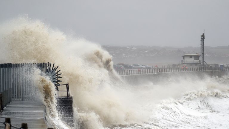 Waves crash into the wall at Newhaven in East Sussex, as Storm Ciara hits the UK.