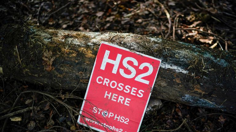 LEAMINGTON SPA, ENGLAND - JANUARY 28: An anti-HS2 sign sits in the ancient South Cubbington Wood which will be part felled to make way for the HS2 line on January 28, 2020 in Leamington Spa, England. The Prime Minister is due to announce whether the HS2 rail project will go ahead within the next two weeks as costs for the project have more than doubled. (Photo by Christopher Furlong/Getty Images)