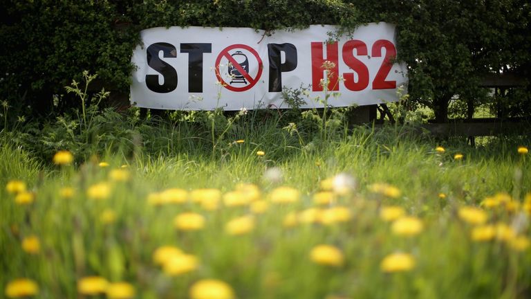 LYMM, UNITED KINGDOM - APRIL 28: Stop HS2 posters mark the point where the proposed route of the new HS2 high speed rail link will pass through near to the village of Warburton on April 28, 2014 in Lymm, United Kingdom. The House of Commons will vote later today on the HS2 bill's second reading with 30 Conservative MPs threatening to vote against the Government's pro-HS2 stance. (Photo by Christopher Furlong/Getty Images)