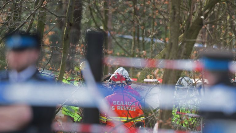 Emergency services near Black Wood in Woolton, Liverpool, attending to a dog walker who has been seriously injured by a falling tree.