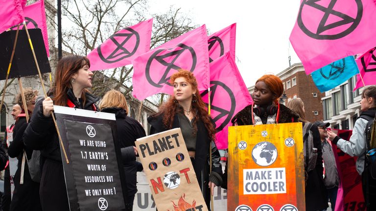 Extinction Rebellion protest outside Store X on the Strand, London, during London Fashion Week February 2020.