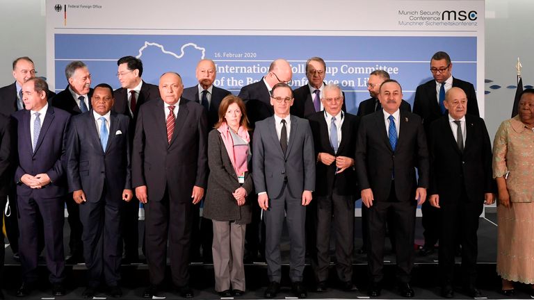 Members of the international committee pose for a family photo during a follow-up meeting on Libya, arranged by German Foreign Minister Heiko Maas (first row, C), on the sidelines of 56th Munich Security Conference (MSC) in Munich, southern Germany, on February 16, 2020: (first row, L-R) Italy's Foreign Minister Luigi Di Maio, Algerian Foreign Minister Sabri Boukadoum, Congolese Foreign Minister Jean-Claude Gakosso, Egyptian Foreign Minister Sameh Shoukry, the Deputy Special Representative of the UN Secretary-General for Political Affairs in Libya, United Nations Support Mission in Libya (UNSMIL) Stephanie Williams, German Foreign Minister Heiko Maas, the High Representative of the European Union for Foreign Affairs and Security Policy Josep Borrell, Turkish Foreign Minister Mevlut Cavusoglu, French Foreign Minister Jean-Yves Le Drian and South Africa's Minister of International Relations and Cooperation Naledi Pandor; (row behind, L-R): US diplomat Henry Wooster, Tunisian Foreign Minister Sabri Bachtobji, Chinese Deputy Foreign Minister Qin Gang, the Secretary General of the Arab League Ahmed Aboul Gheit, the the African Union's Commissioner for Peace and Security Smail Chergui, the Deputy Foreign Minister of the Russian Federation, Special Presidential Presentative on the Middle East Mikhail Bogdanov, the United Arab Emirates (UAE) Minister of State for Foreign Affairs Anwar Gargash and Britain's Minister of State for the Middle East, North Africa and International Development James Cleverly. (Photo by Thomas KIENZLE / AFP) (Photo by THOMAS KIENZLE/AFP via Getty Images)