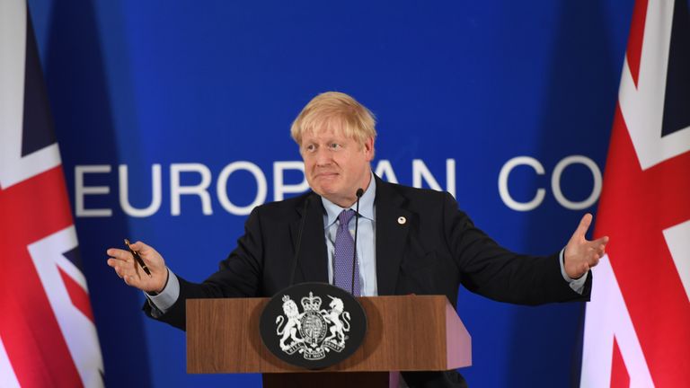 UK Prime Minister Boris Johnson speaking at the European Council summit at EU headquarters in Brussels.