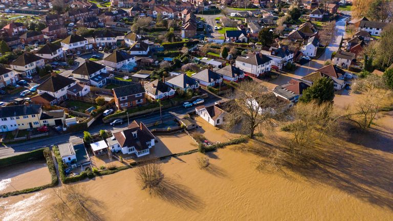 HEREFORD, ENGLAND - FEBRUARY 17: An aerial view showing flooding from the River Wye following Storm Dennis on February 17, 2020 in Hereford, England. Storm Dennis is the second named storm to bring extreme weather in a week and follows in the aftermath of Storm Ciara. (Photo by Christopher Furlong/Getty Images)