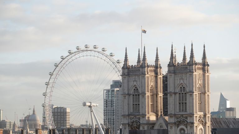 General view of the London Eye and Westminster Abbey in Westminster, London.