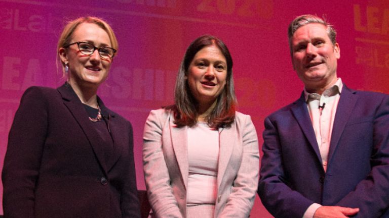 GLASGOW, SCOTLAND - FEBRUARY 15: (L-R) Rebecca Long-Bailey, Lisa Nandy and Sir Keir Starmer pose for photographs after speaking at the Labour leadership hustings on the stage at SEC in Glasgow on February 15, 2020 in Glasgow, Scotland. Sir Keir Starmer, Rebecca Long-Bailey and Lisa Nandy are vying to replace Labour leader Jeremy Corbyn, who offered to step down following his party&#39;s loss in the December 2019 general election. Emily Thornberry was eliminated from the race yesterday after failing to secure enough nominations from local constituency parties. (Photo by Robert Perry/Getty Images)