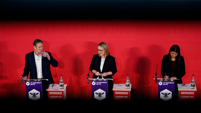 LONDON, ENGLAND - FEBRUARY 16: Sir Keir Starmer, Rebecca Long-Bailey and Lisa Nandy speaking at a hustings event for Labour Leader and Deputy Leader, hosted by the Co-operative Party, at the Business Design Centre on February 16, 2020 in London, England. Sir Keir Starmer, Rebecca Long-Bailey and Lisa Nandy are vying to replace Labour leader Jeremy Corbyn, who offered to step down following his party's loss in the December 2019 general election. (Photo by Hollie Adams/Getty Images)
