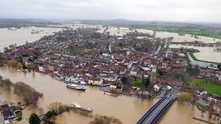Flood water continues to surround Upton-upon-Severn, Worcestershire, in the aftermath of Storm Dennis.