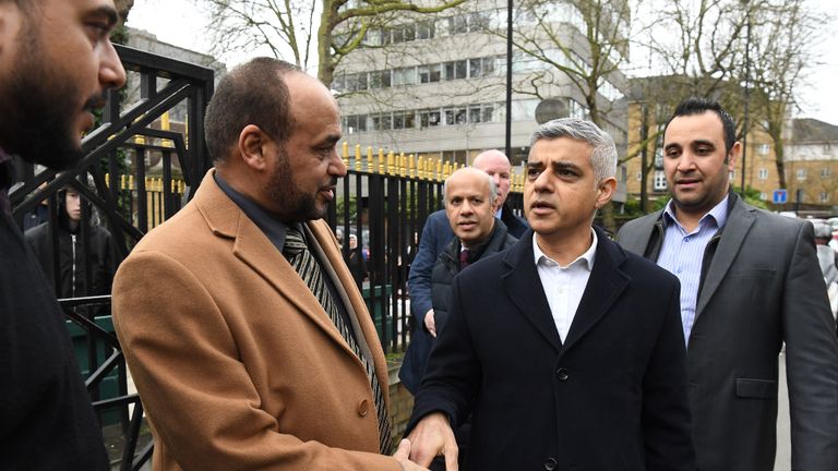 Mayor of London Sadiq Khan (centre) meets mosque Director General Dr Ahmad Al-Dubayan (left) at the London Central Mosque, near Regent's Park, north London, where a man was arrested on suspicion of attempted murder on Thursday after police were called to reports of a stabbing.