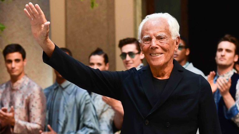 Italian fashion designer Giorgio Armani acknowledges applause following the presentation of fashion house Armani&#39;s women&#39;s and men&#39;s spring/summer 2020 fashion collection in Milan on June 17, 2019. (Photo by Miguel MEDINA / AFP)        (Photo credit should read MIGUEL MEDINA/AFP via Getty Images)