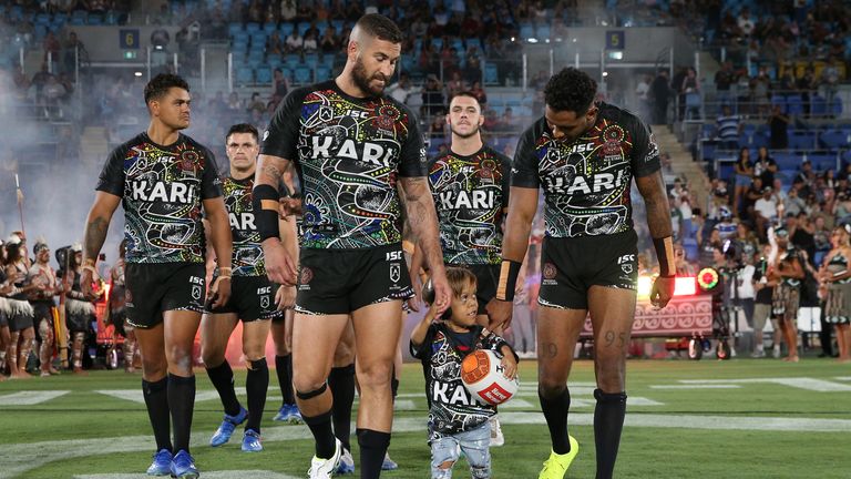 GOLD COAST, AUSTRALIA - FEBRUARY 22: Quaden Bayles runs onto the field before the NRL match between the Indigenous All-Stars and the New Zealand Maori Kiwis All-Stars at Cbus Super Stadium on February 22, 2020 on the Gold Coast, Australia. (Photo by Jason McCawley/Getty Images)