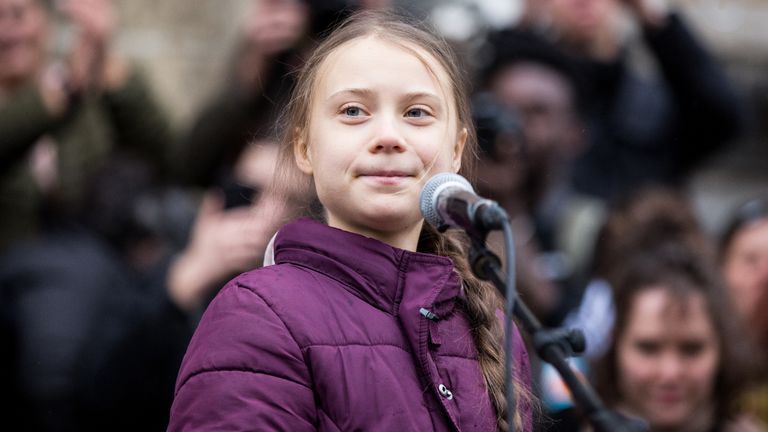 LAUSANNE, SWITZERLAND - JANUARY 17: Swedish climate activist Greta Thunberg speaks to participants at a climate change protest on January 17, 2020 in Lausanne, Switzerland. The protest is taking place ahead of the upcoming annual gathering of world leaders at the Davos World Economic Forum. (Photo by Ronald Patrick/Getty Images)
