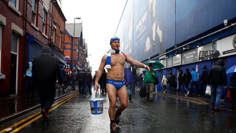 LIVERPOOL, ENGLAND - APRIL 07:  Speedo Mick is seen arriving to the stadium prior to the Premier League match between Everton and Liverpool at Goodison Park on April 7, 2018 in Liverpool, England.  (Photo by Julian Finney/Getty Images)
