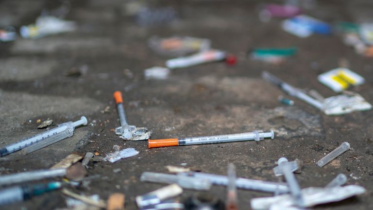 WALSALL, ENGLAND - DECEMBER 06: Syringes and paraphernalia used by drug users litter an alley way in Walsall Town Centre on December 06, 2018 in Walsall, England. There were 268,390 adults in contact with drug and alcohol services in 2017 to 2018, according to a recent government report, which is a 4% reduction from the previous year. People in treatment for opiate dependence made up the largest proportion, and last year saw an increase of users seeking treatment for crack-cocaine addiction. (Photo by Christopher Furlong/Getty Images)
