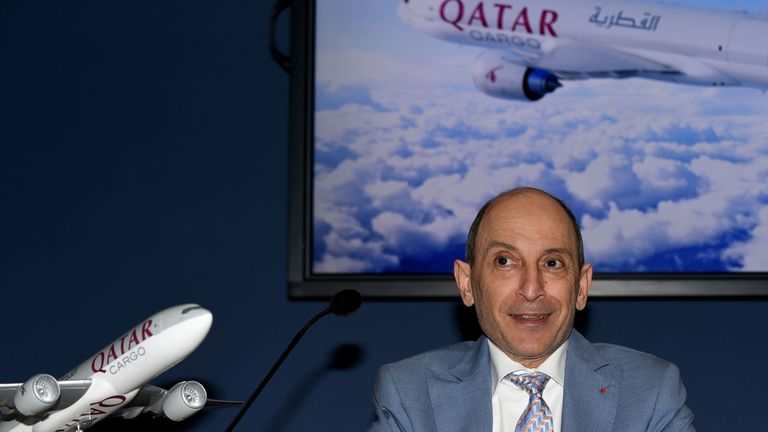Chief Executive Officer of Qatar Airways Akbar Al Baker speaks with the press at the International Paris Air Show on June 19, 2019 at Le Bourget Airport, near Paris