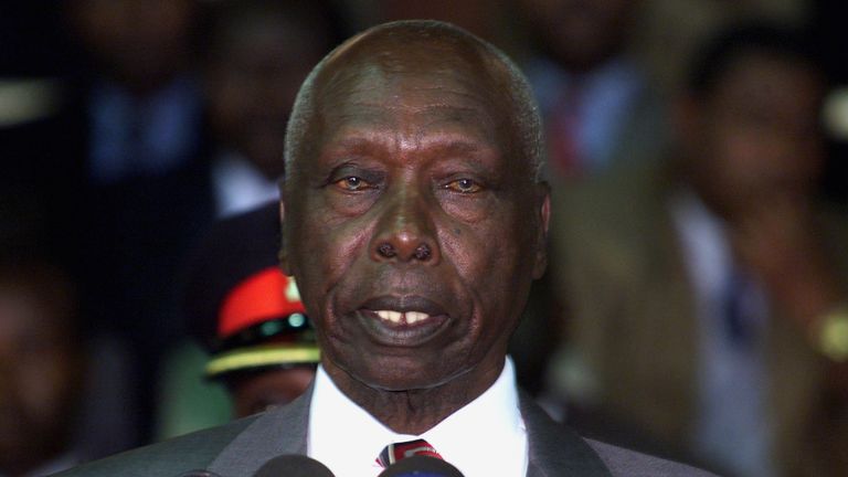 FILE PHOTO: Kenyan President Daniel arap Moi addresses supporters of the ruling party KANU and delegates during a rally to endorse the party&#39;s official candidate for elections due in December October 14, 2002. REUTERS/Antony Njuguna/File Photo