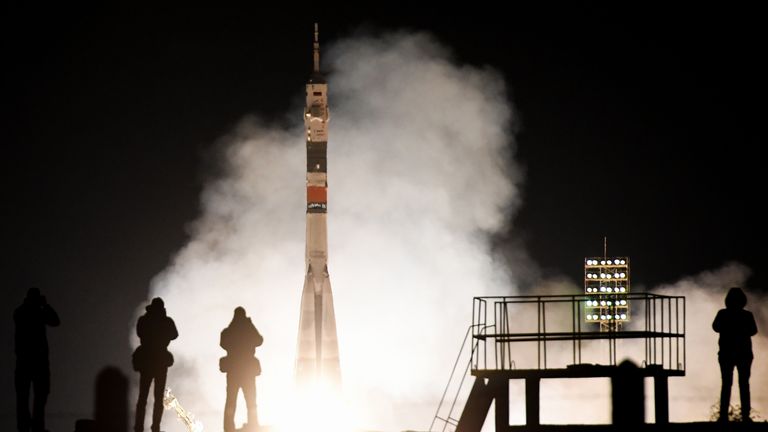 Russia&#39;s Soyuz MS-12 spacecraft carrying the members of the International Space Station (ISS) expedition 59/60, NASA astronauts Christina Hammock Koch and Nick Hague and Russian cosmonaut Alexey Ovchinin, blasts off to the ISS from the launch pad at the Russian-leased Baikonur cosmodrome in Kazakhstan on March 14, 2019