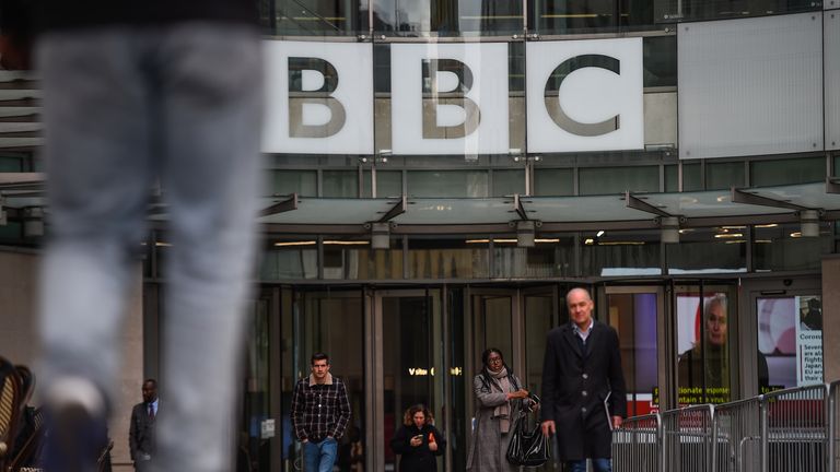 A general view of the exterior of BBC Broadcasting House on February 05, 2020 in London, England