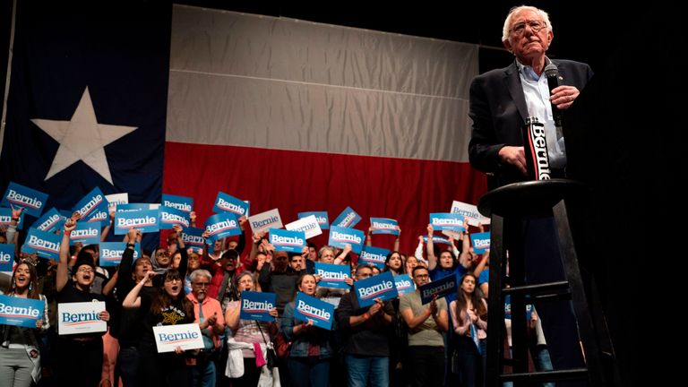 Democratic presidential hopeful Vermont Senator Bernie Sanders speaks during a rally at the Abraham Chavez Theater on February 22, 2020 in El Paso, Texas