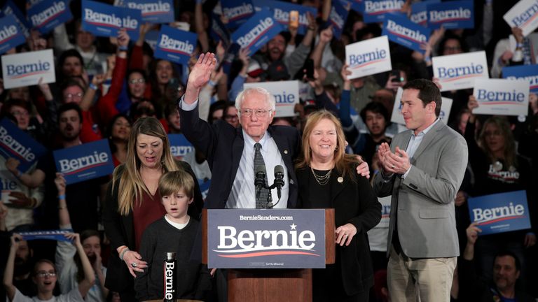 Democratic presidential candidate Sen. Bernie Sanders (I-VT) with his wife Jane Sanders and family addresses supporters during his caucus night watch party on February 03, 2020 in Des Moines, Iowa