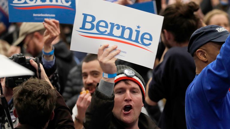 A Bernie Sanders supporter cheers and waves a poster in New Hampshire
