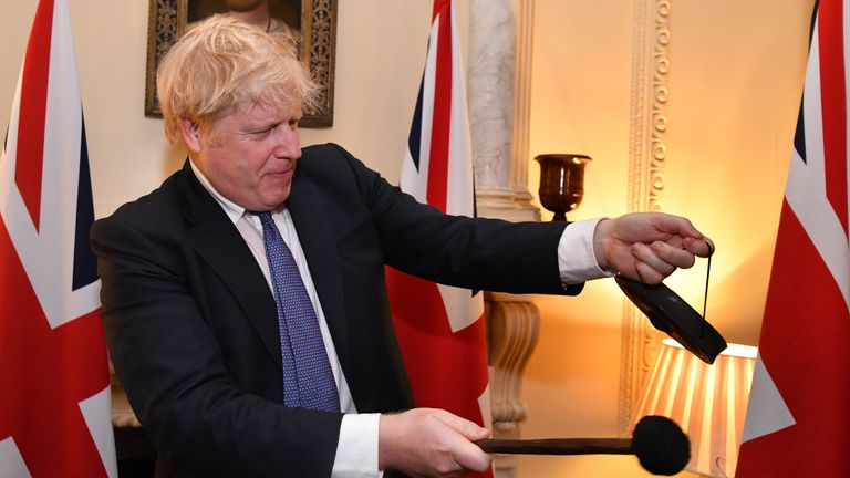 Boris Johnson struck a gong as the UK left the EU at 11pm on Friday. Pic: 10 Downing Street