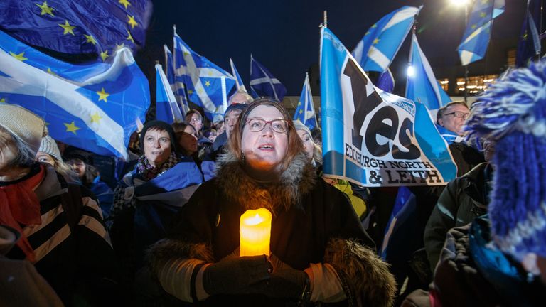 Missing EU Already Hold Anti-Brexit Rally outside the Scottish Parliament at Holyrood on January 31, 2020 in Edinburgh, Scotland. (Photo by Robert Perry/Getty Images)