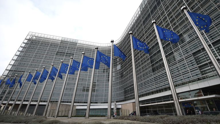 European flags flutter in front of the European Commissions Berlaymont building in Brussels