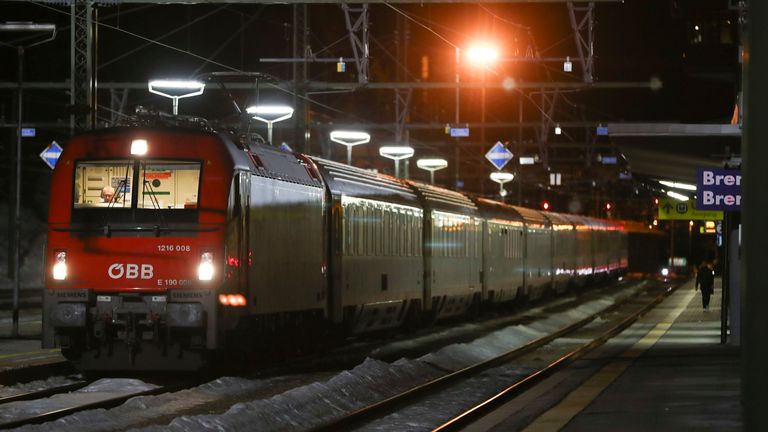 A train stoped by authorities stands on the tracks at the train statin on the Italian side of the Brenner Pass, Italy,