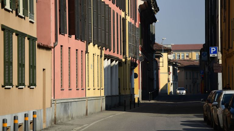 A general view shows a deserted street in Codogno, southeast of Milan, on February 22, 2020