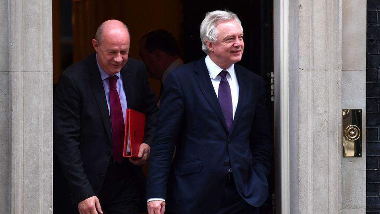 BRITAIN-POLITICS
British Work and Pensions Secretary Damian Green (L) and British Secretary of State for Exiting the European Union (Brexit Minister) David Davis leave the weekly cabinet meeting at 10 Downing street in London on November 23, 2016. Britain today delivers a first budget since the Brexit referendum, with government hopes of trimming austerity hampered by financial uncertainty surrounding the country&#39;s EU exit strategy. / AFP / BEN STANSALL (Photo credit should read BEN STANSALL/AFP