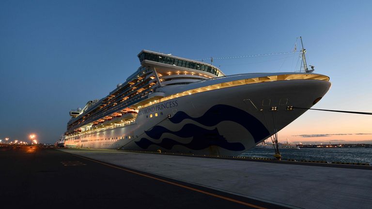 The Diamond Princess cruise ship, with over 3,700 people quarantined onboard due to fears of the new coronavirus, is seen anchored at the Daikoku Pier Cruise Terminal in Yokohama port on February 6, 2020. - Thousands of people were stranded aboard two cruise ships in Asia on February 6, quarantined by officials desperate to stem the spread of a deadly virus that has killed hundreds in China and spread panic worldwide. (Photo by Kazuhiro NOGI / AFP) (Photo by KAZUHIRO NOGI/AFP via Getty Images)
