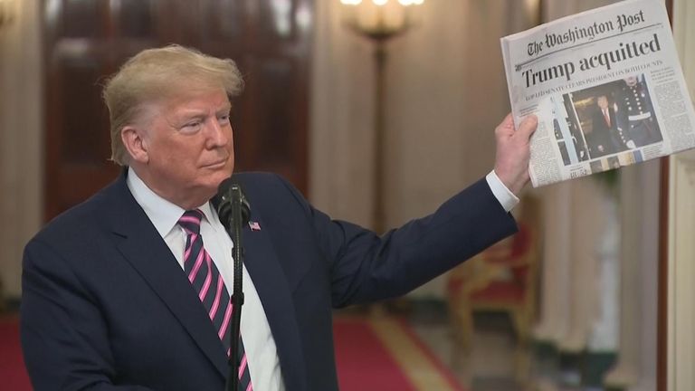 Donald Trump celebrates his impeachment aqcuittal