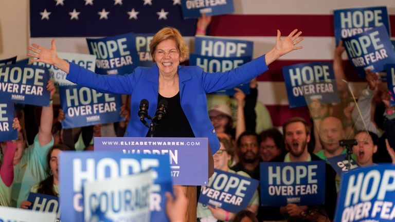 Democratic presidential candidate Senator Elizabeth Warren addresses supporters at her rally in Des Moines, Iowa, U.S., February 3, 2020